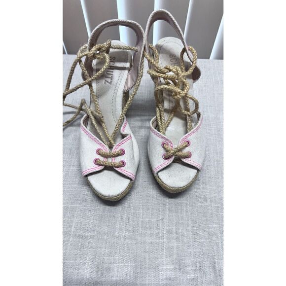 SCHUTZ Shoes - Schutz Women's Brynda Lace Up Espadrille Platform Wedges Cream Pink Size 6.5B